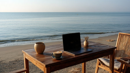 A tranquil beachfront scene featuring a workspace with a laptop and coffee cup on a wooden table. Enjoy peaceful vibes and serene views.の素材