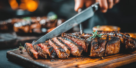 A chef slices juicy grilled steak on a wooden board, showcasing its tender texture and smoky flavor, perfect for culinary enthusiasts.の素材