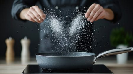 A chef elegantly sprinkles sugar over a pan in a contemporary kitchen, showcasing the art of dessert preparation. The image captures culinary creativity and action.の素材