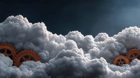 A captivating image featuring industrial gears partially enveloped in dark, fluffy clouds, evoking a sense of mystery and creativity.の素材