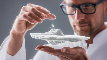 A man displays a detailed 3D hologram of a flying object in his hand, showcasing innovation and futuristic technology. Ideal for themes of science and imagination.の素材