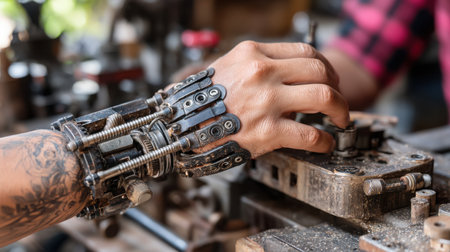 A hand equipped with a mechanical arm interacts with an industrial machine in a vibrant workshop setting, showcasing the fusion of technology and skilled craftsmanship.の素材
