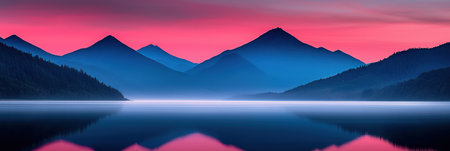 A stunning twilight scene over a tranquil lake, reflecting majestic mountain peaks in soft hues of blue and pink, inviting peace and serenity.の素材