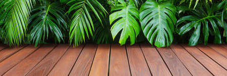 A vibrant scene showcasing lush tropical leaves set against a warm wooden deck, perfect for nature-themed design projects and tranquil spaces.の素材