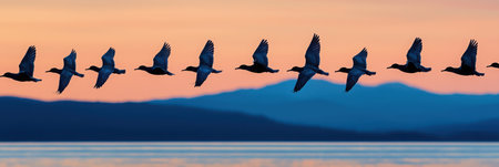 A stunning image captures a flock of birds flying gracefully over a calm lake at sunrise, framed by majestic mountains and warm tones.の素材