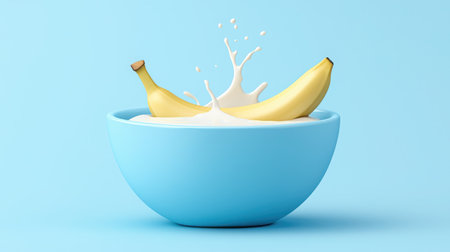 A vibrant image of ripe bananas splashing in creamy milk inside a light blue bowl, perfect for food photography and wellness themes.の素材
