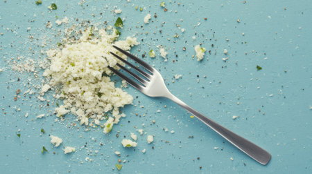 A messy scene featuring a fork surrounded by scattered food crumbs on a pastel blue surface. Ideal for culinary, dining, and kitchen themes, this image captures texture and modern cooking elements.の素材