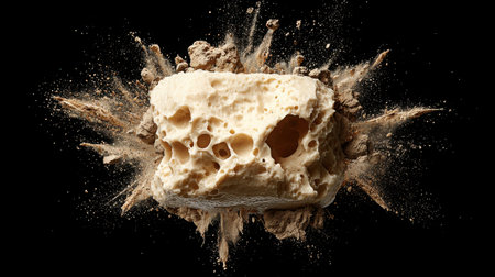 A captivating image of a natural sponge exploding with brown powder, creating a striking contrast against a black background, showcasing the beauty of organic textures.の素材