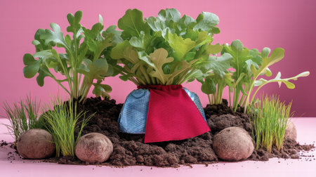 A visually striking arrangement of fresh green lettuce and potatoes nestled in rich soil against a vibrant pink background, showcasing natural beauty.の素材