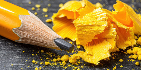 Capture the essence of creativity with a close-up view of a sharpened yellow pencil alongside vibrant shavings, set against a dark wooden surface.の素材