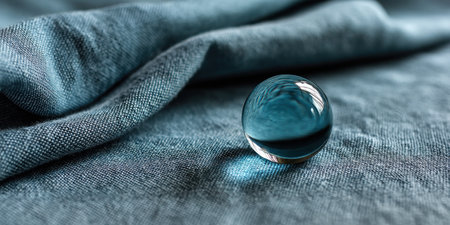 Close-up of a translucent glass sphere resting on textured blue fabric, capturing reflections and light, emphasizing minimalism and elegance in design.の素材