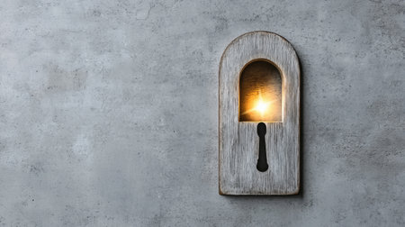 A vintage keyhole with a glowing light emanating from behind it, set against a textured concrete wall. This image conveys mystery and an invitation to explore.の素材