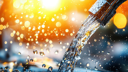 A vibrant image capturing water flowing from a faucet, creating splashes under warm sunlight. Perfect for showcasing freshness and outdoor beauty.の素材
