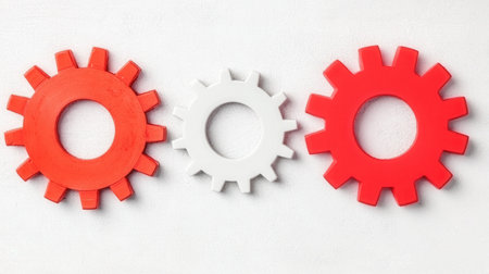 Brightly colored plastic gears in red, white, and orange displayed against a clean white background, ideal for engineering and craft projects or educational uses.の素材