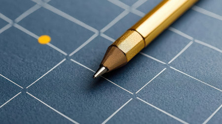 A close-up of a sleek golden pen on a blue grid notepad, ideal for writing notes, drawing plans, or jotting ideas in an organized manner.の素材