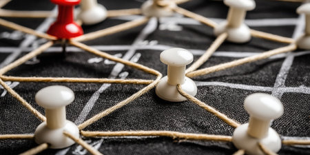 Unique concept of connection represented by push pins and string on a black background. Ideal for visualizing networking, communication strategies, and collaborative projects.の素材