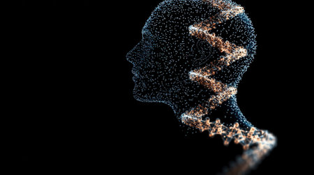This abstract image portrays a profile of a human head crafted from dazzling particles, featuring a DNA spiral design, symbolizing the intersection of technology and biology.の素材