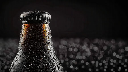 A captivating close-up of a cold beer bottle with visible droplets, set against a dark blurred background, evoking a sense of refreshment and taste.の素材