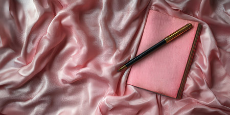 This image features a soft pink satin fabric backdrop with a stylish notebook and a pen, ideal for design projects or creative inspiration.の素材