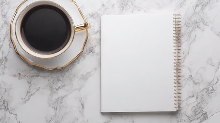 A serene flat lay image featuring a cup of black coffee and a blank spiral notebook on a marble surface, perfect for creative work and inspiration.の素材