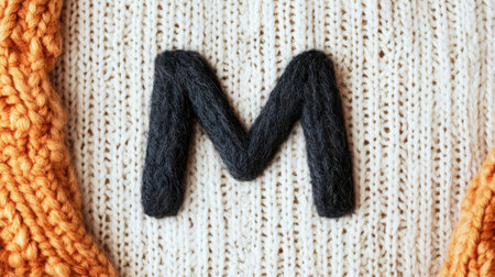This close-up image showcases a handmade knit fabric featuring a bold black letter M. The warm cream and orange colors create a soft, inviting atmosphere.の素材