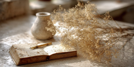 A vintage open book with a delicate pen rests on a rustic table, accompanied by dried flowers in a vase, creating a serene and inviting atmosphere.の素材