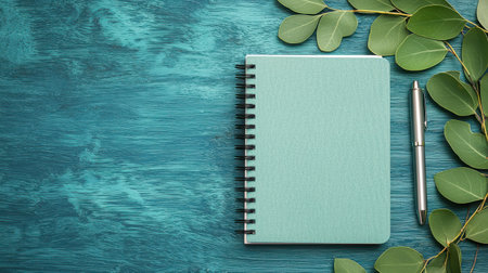 A serene flat lay showcasing a green notebook and silver pen alongside fresh leaves on a textured teal background, perfect for creative or study projects.の素材