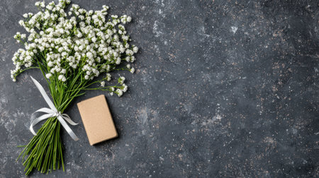 A charming bouquet of gypsophila flowers alongside a rustic gift box on a dark textured surface, perfect for celebrating special moments.の素材