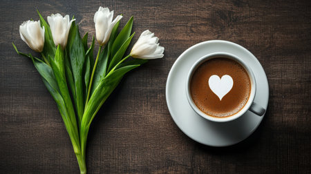 A serene arrangement featuring a coffee cup with a heart design beside fresh white tulips on a rustic wood table, perfect for cozy mornings.の素材