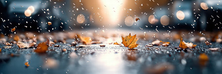 A serene view of vibrant autumn leaves scattered on a wet pavement, with gentle raindrops falling in soft evening light, creating a tranquil atmosphere.の素材