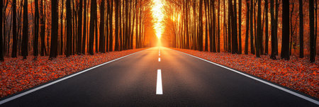 A picturesque autumn scene showcasing a quiet road lined with vibrant foliage and golden trees. The warm sunlight adds charm to the tranquil landscape.の素材