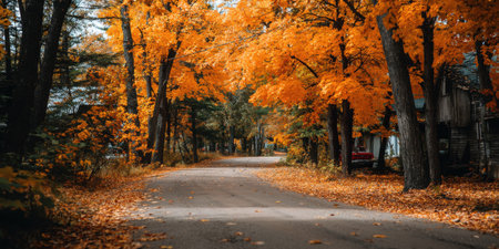 A stunning autumn landscape featuring vibrant orange maple trees lining a tranquil road, perfect for capturing the essence of fall and nature's beauty.の素材