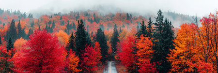Experience the breathtaking beauty of a vibrant autumn landscape, showcasing colorful trees, a winding road, and misty mountains in the background.の素材