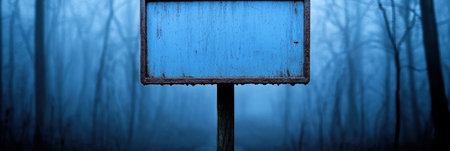 An evocative blue signboard stands alone in a foggy forest, surrounded by ghostly trees. The atmosphere invites mystery and exploration, perfect for creative projects.の素材