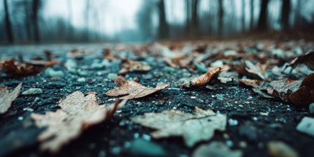 A captivating close-up of fallen leaves scattered on a wet surface, creating a tranquil autumn ambiance along a misty forest path.の素材