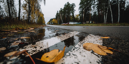 A serene autumn scene featuring a wet road with fallen leaves, captured from a low angle. The cloudy sky adds to the tranquil atmosphere.の素材