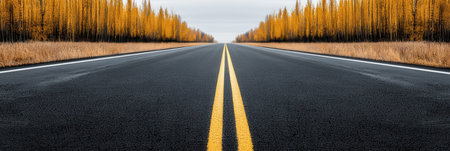 A breathtaking view of a long, empty road bordered by golden autumn trees, creating a serene and inviting atmosphere for any travel enthusiast.の素材