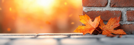 A serene autumn scene featuring vibrant orange leaves resting on cobblestones, complemented by warm sunlight shining through a brick wall.の素材