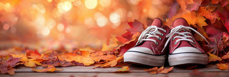 A pair of red sneakers resting on a bed of colorful autumn leaves, set against a warm bokeh background capturing the essence of fall.の素材