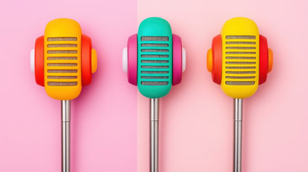 Bright and colorful retro microphones stand out against a pink backdrop, perfect for themes in music, entertainment, and creativity. Ideal for playful designs.の素材