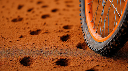 A close-up view showcasing a bicycle tire tread making imprints in an orange dusty surface, highlighting outdoor adventure and cycling activity.の素材