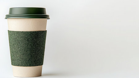 A stylish eco-friendly disposable cup with a green lid and sleeve, perfect for coffee or tea. Ideal for promotional and product presentations.の素材