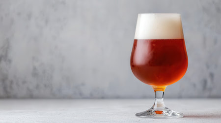 A beautifully styled glass of amber beer topped with a frothy head, set against a light gray background, perfect for a cozy indoor atmosphere.の素材