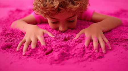 A joyful child engages with bright pink sand, exploring the vibrant texture and color while having fun outdoors. A moment of creativity and happiness.の素材