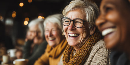 A joyful gathering of older women laughing together in a warm cafe, showcasing friendship and happiness in a candid moment filled with connection and joy.の素材