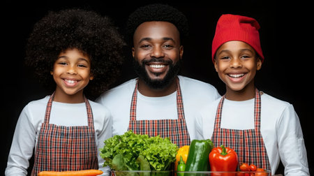 A joyful family with children stands in a bright kitchen, showcasing fresh vegetables and herbs. They share smiles while embracing healthy cooking together.の素材