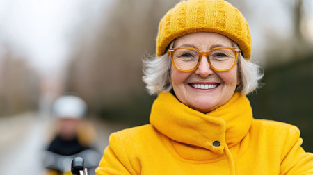 A joyful senior woman wearing a bright yellow coat and hat smiles warmly outdoors, radiating happiness and confidence on a cloudy day.の素材