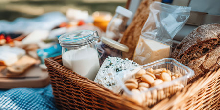 A charming picnic basket filled with fresh food items, perfect for outdoor gatherings. Enjoy a delightful meal surrounded by nature.の素材