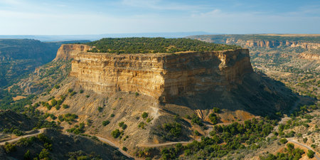 A stunning view of a table mountain rises prominently against a clear blue sky, showcasing striking rock formations and lush greenery.の素材