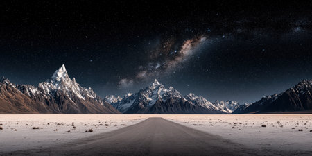 Stunning mountain landscape featuring a winding road leading through a snowy terrain under a brilliant starry sky, showcasing the spectacular Milky Way above.の素材